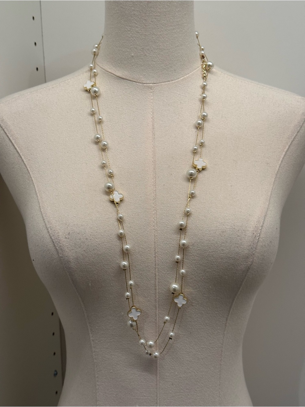 Long Pearl Station Necklace with White Flower Accents - Women Jewelry